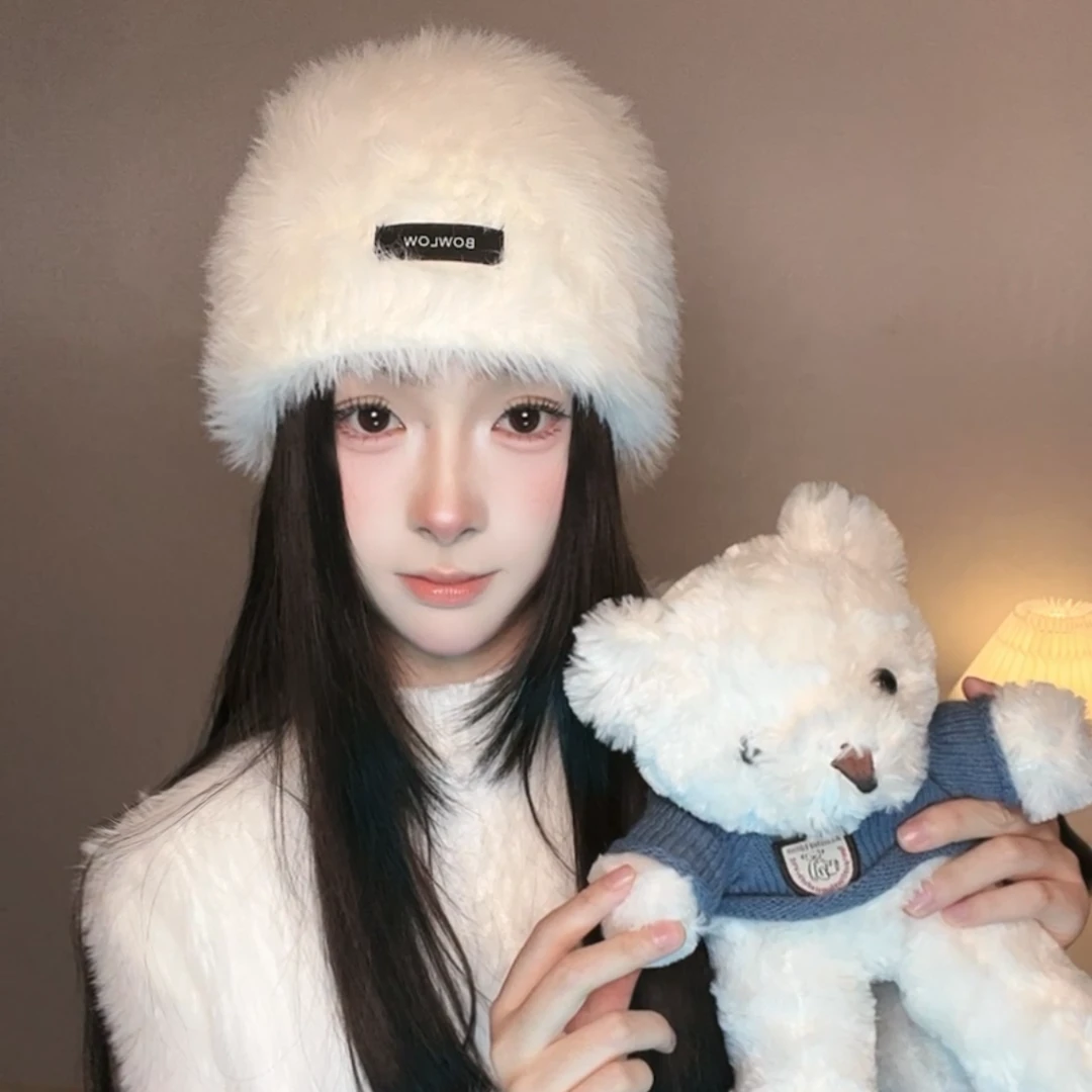 韩版毛毛帽子女冬氛围感加厚保暖包头帽大头围显脸小纯色简约百搭