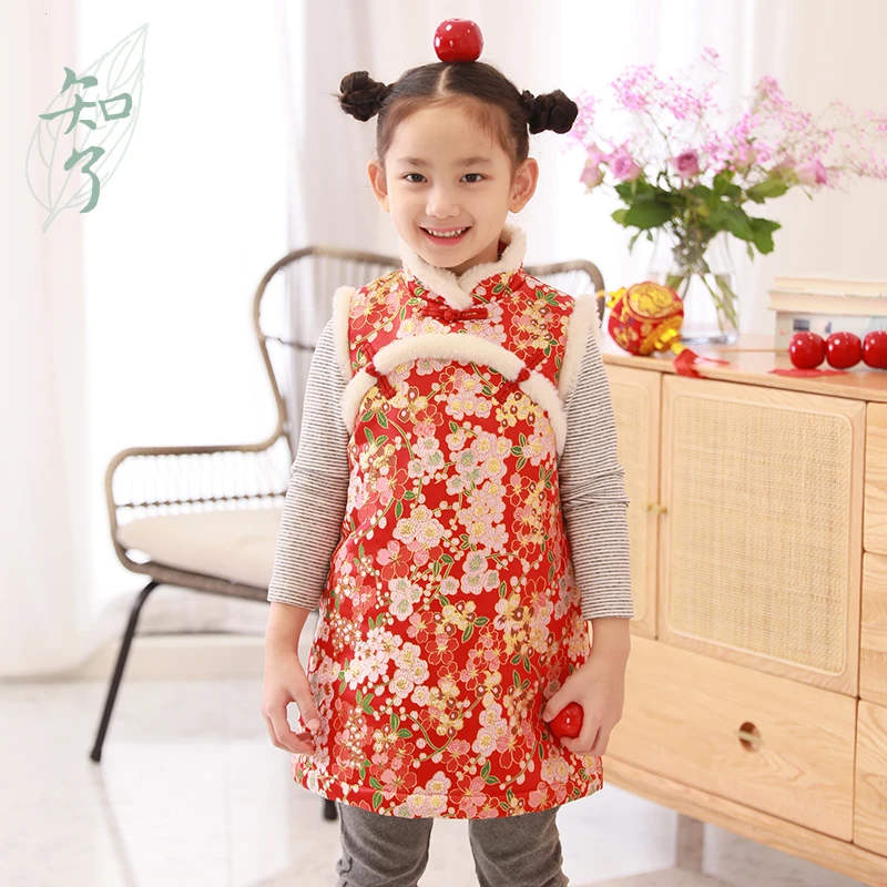 知了童装51375 女童中大童锦缎唐装中式夹棉马甲中长款棉外套冬