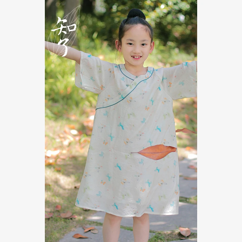 知了童装55166 夏季改良宽松印花汉服裙儿童新中式短袖连衣裙女童