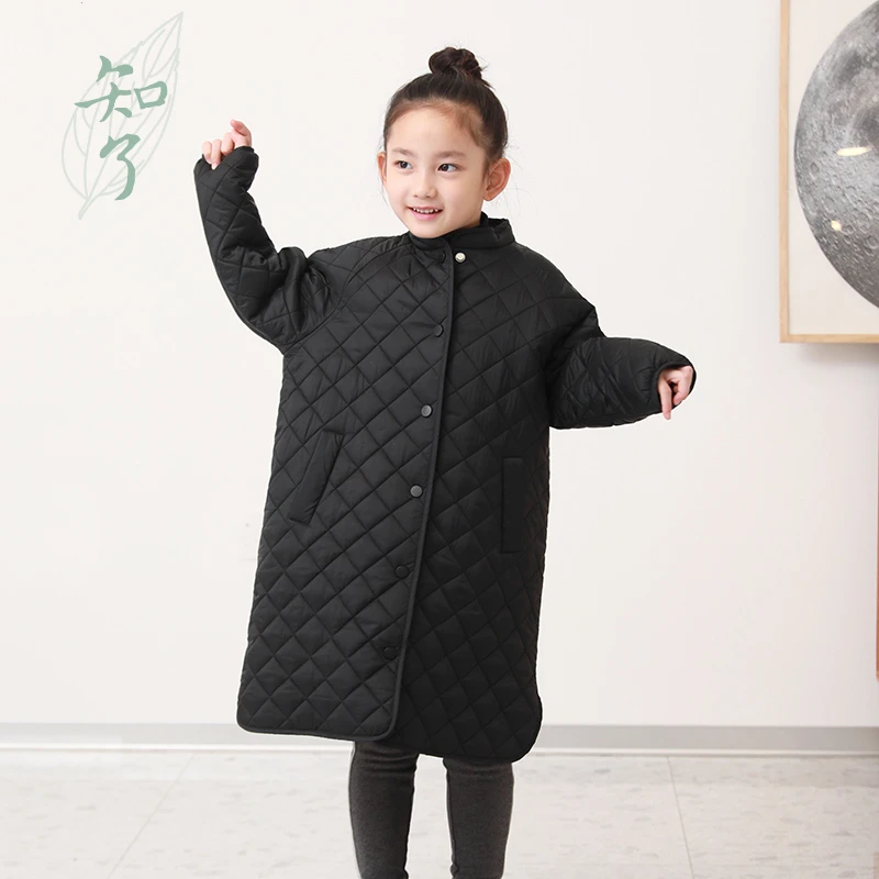 知了童装51577 秋冬女童休闲棉服立领上衣儿童菱形格中长款棉衣