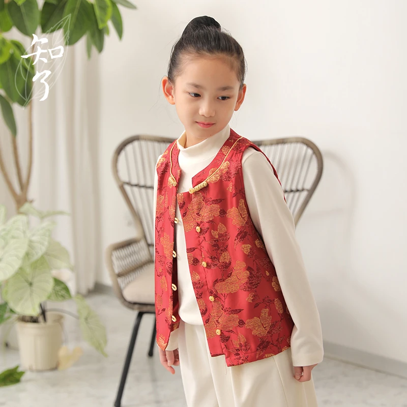 知了55212新中式织金提花锦缎马甲儿童加绒中国风外套女童