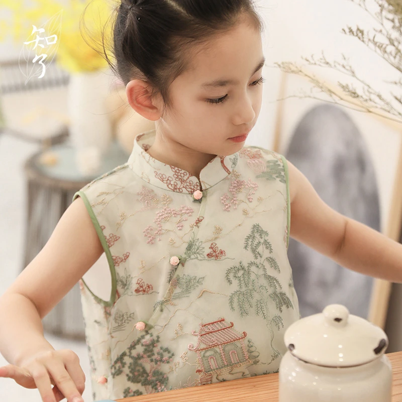 知了童装55133 新中式女童绣花无袖立领上衣国风旗袍衬衫大童夏装