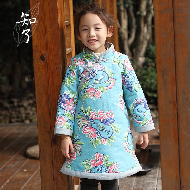 知了童装1362 女童中大童冬装夹棉旗袍唐装新年棉衣加厚连衣裙