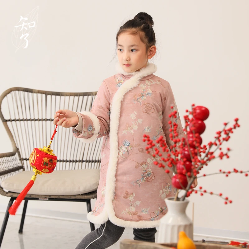 知了童装53299 冬装新中式夹棉旗袍女童绣花唐装新年装