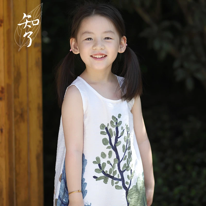 知了童装3706 夏装女童中式印花背心裙宽松裙子圆领无袖连衣裙