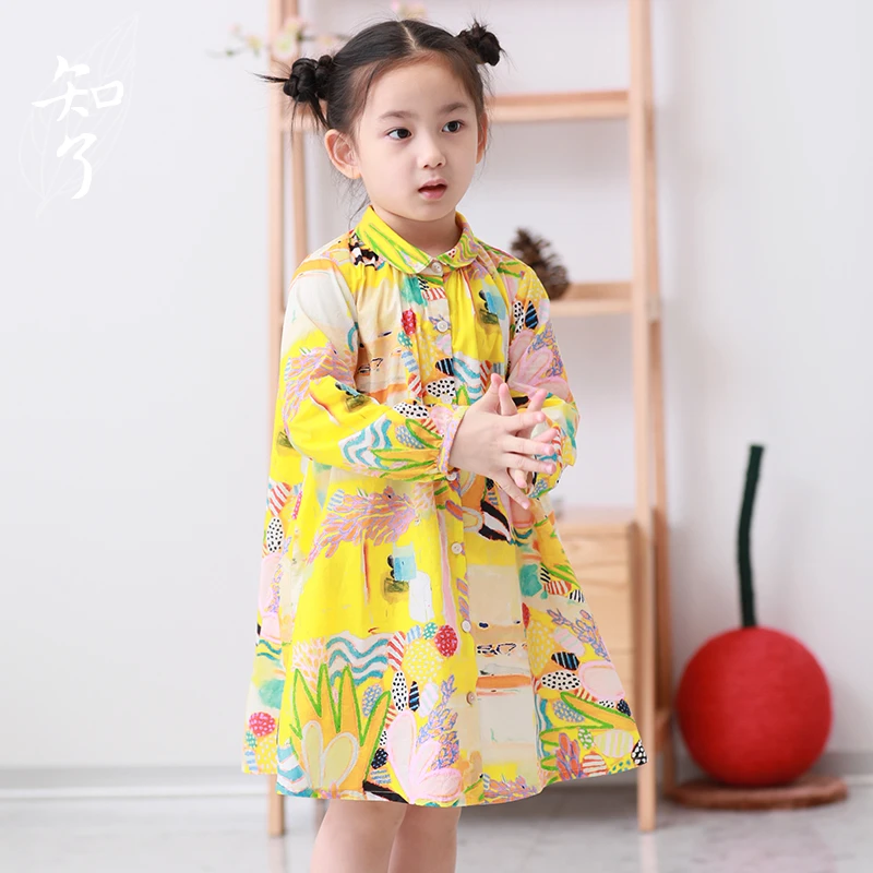 知了童装51145 春装新品女童长袖连衣裙全棉中大童印花长款衬衫裙