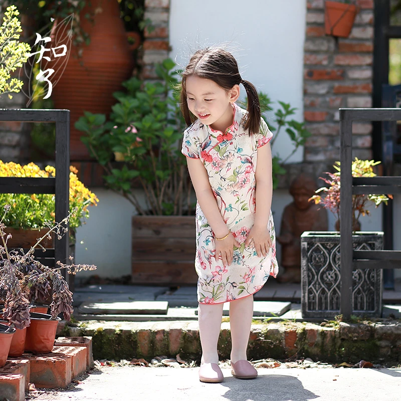 知了童装3169夏季女童短袖中国风连衣裙儿童民国风旗袍裙