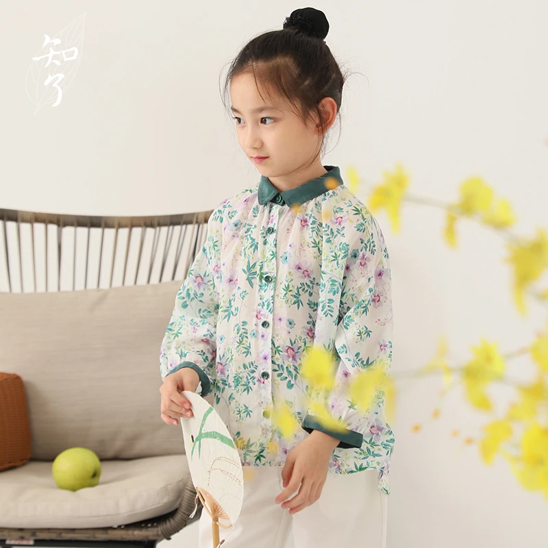 知了童装 53252秋装新品宽松印花娃娃衫女童长袖衬衫中大童