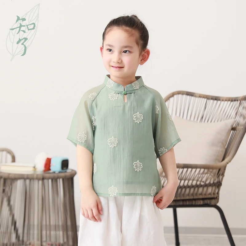 知了童装51075 夏装中国风立领衬衫儿童改良旗袍上衣短袖套衫
