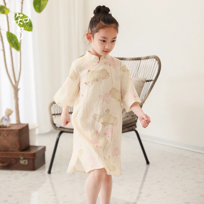知了童装 53180儿童唐装中国风亚麻连衣裙宽松女童旗袍
