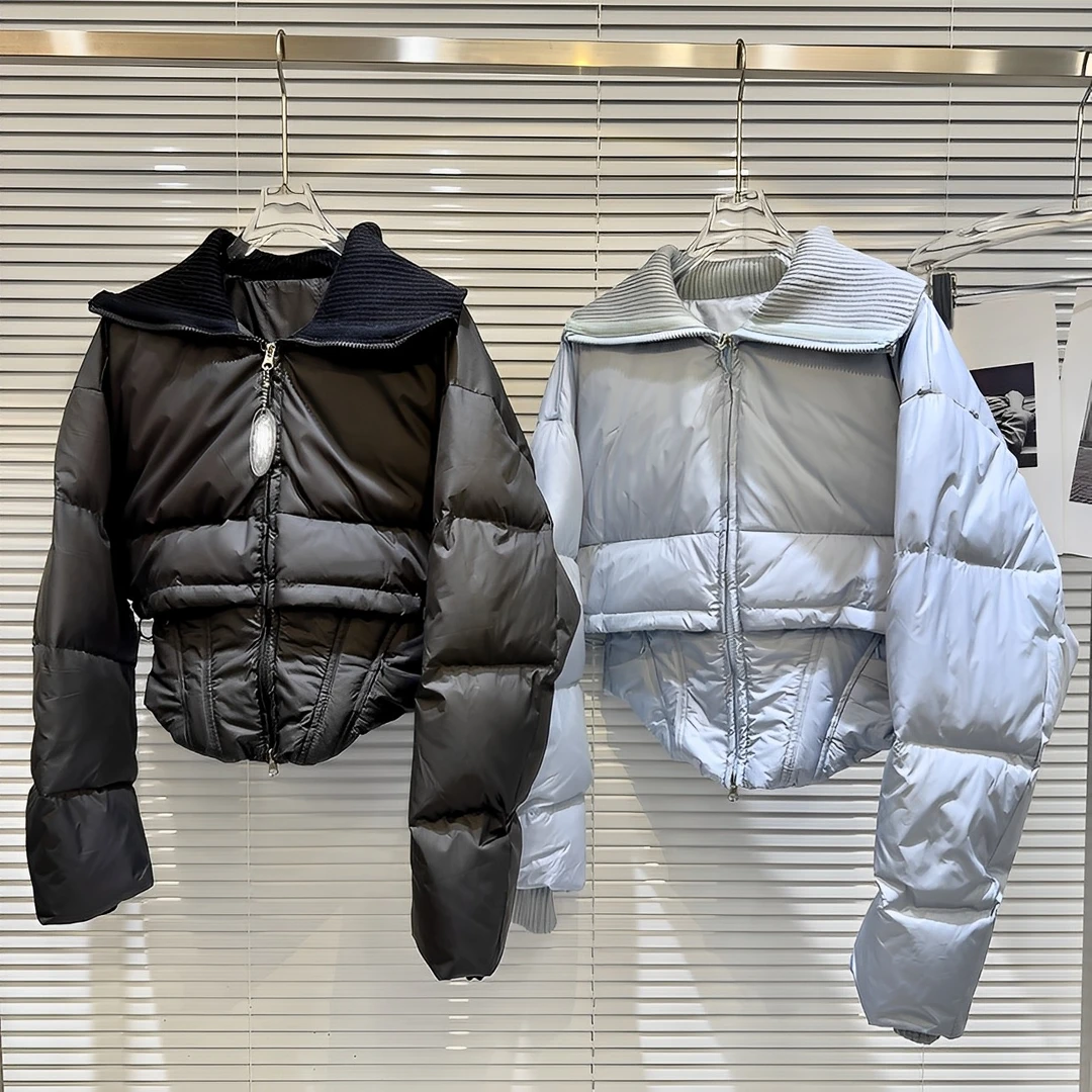 网红同款2024冬季新款炸街款螺纹海军领收腰鱼骨辣妹羽绒服
