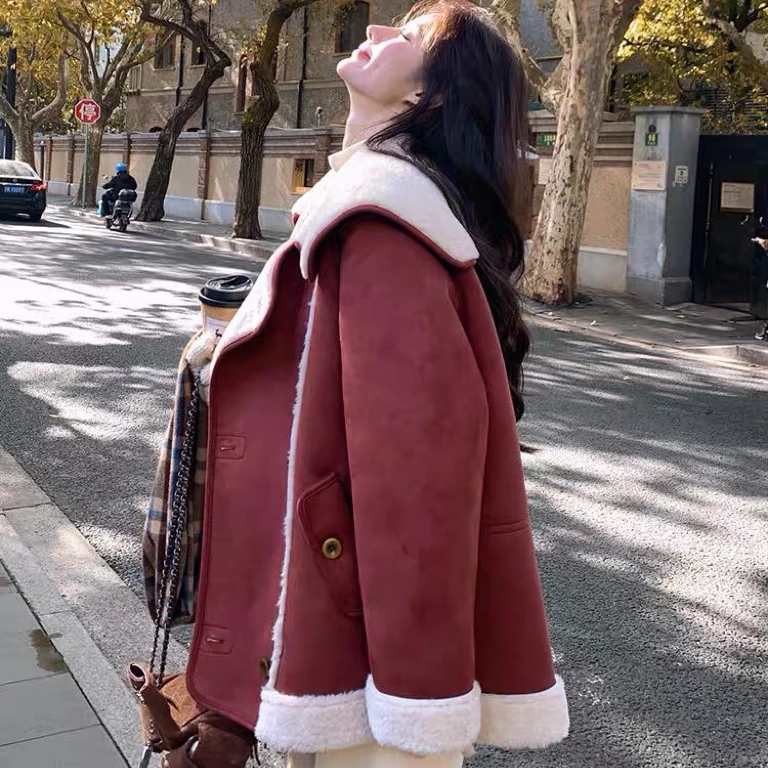 高级感大翻领双排扣麂皮大衣中长款皮毛一体加厚外套冬季百搭宽松