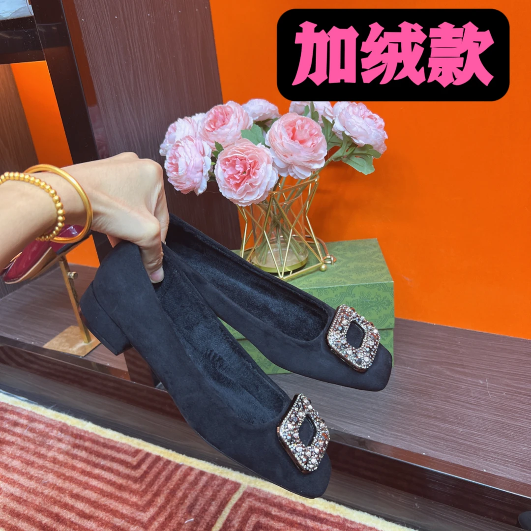 加绒和单里~绒面方头钻扣粗跟加绒单鞋软底百搭平跟气质工作鞋