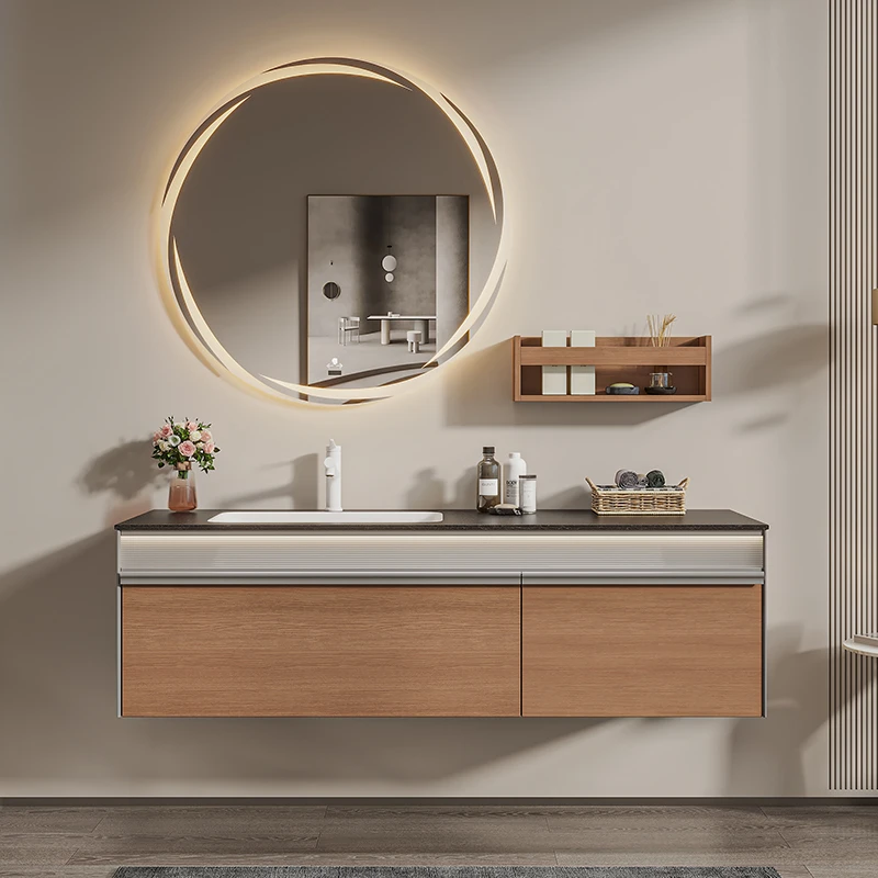 现代轻奢极简风原木色浴室柜岩板无缝陶瓷一体盆洗手盆柜浴室柜