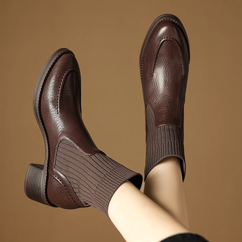 跟高5cm/头层羊34-40法式简约芒果头松紧弹力带袜靴粗跟厚底新款