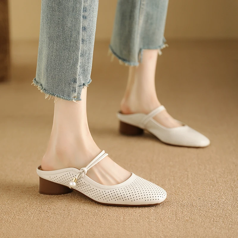 跟高3cm/头层牛简约小方头一脚蹬包头拖鞋一字带打孔镂空透气超软