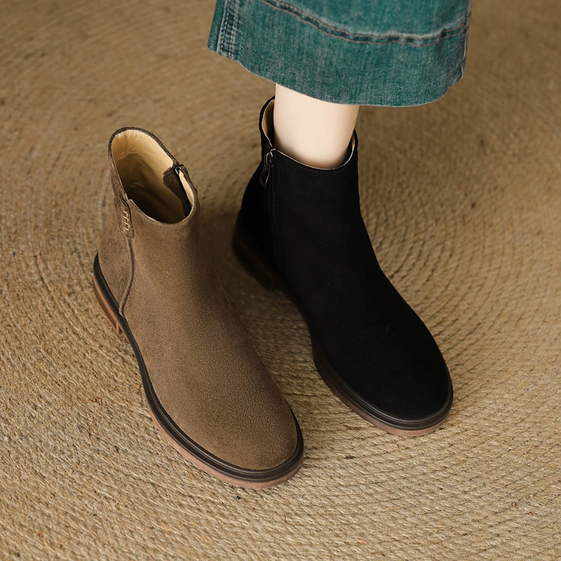跟高3cm/牛34-40法式简约圆头磨砂绒面侧拉链短靴女秋冬新款舒适