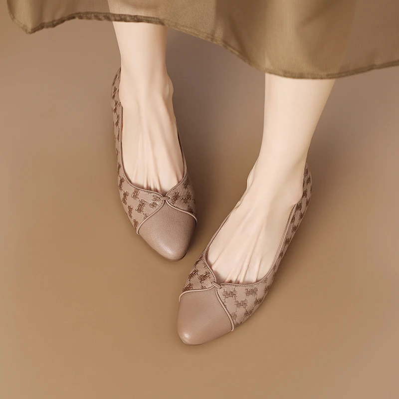 跟高3cm/头层羊复古芒果头压花纹浅口单鞋超软奶奶鞋拼接新款舒适