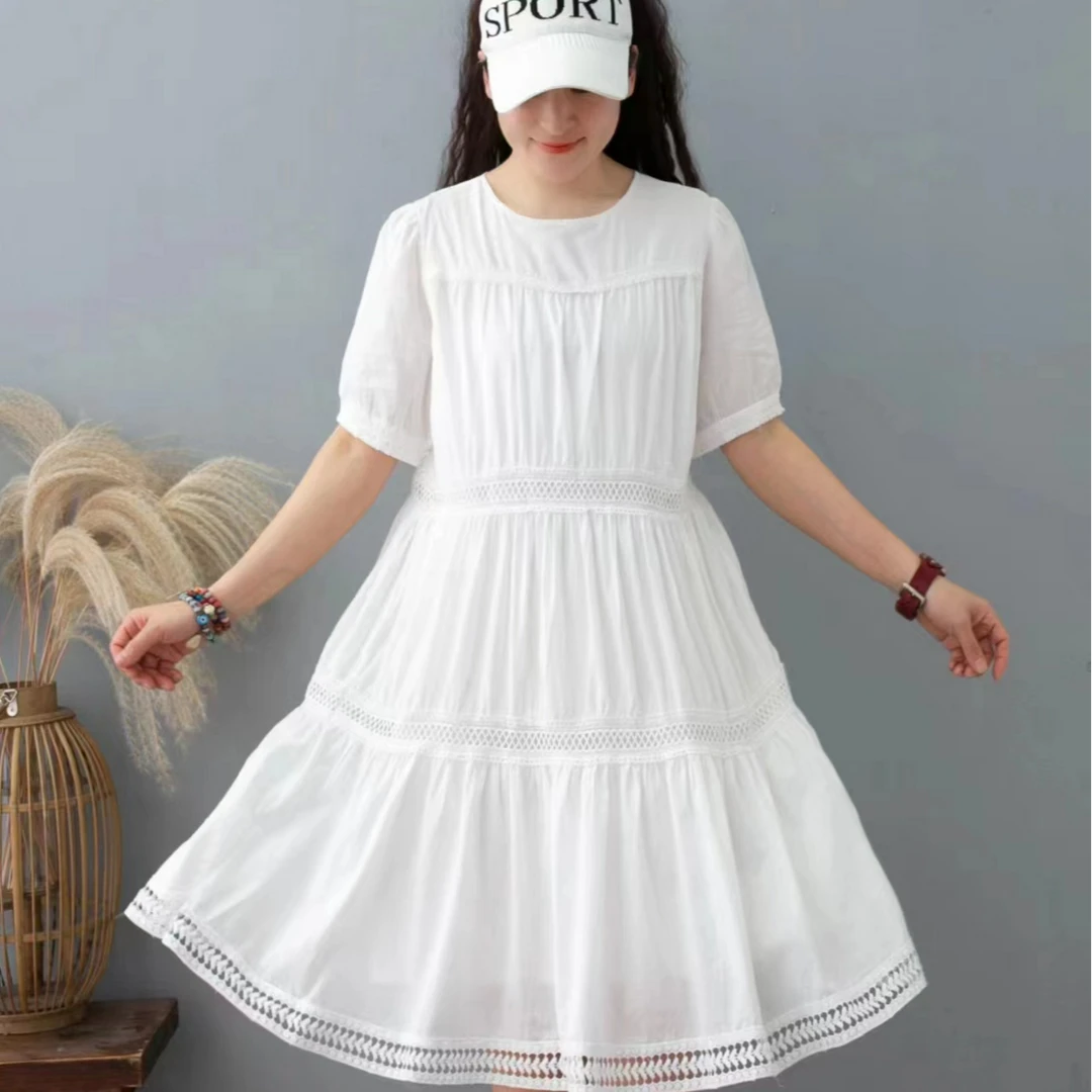 丹丹推荐~法式设计感圆领拼接气质连衣裙女夏微胖高腰遮胯显瘦裙