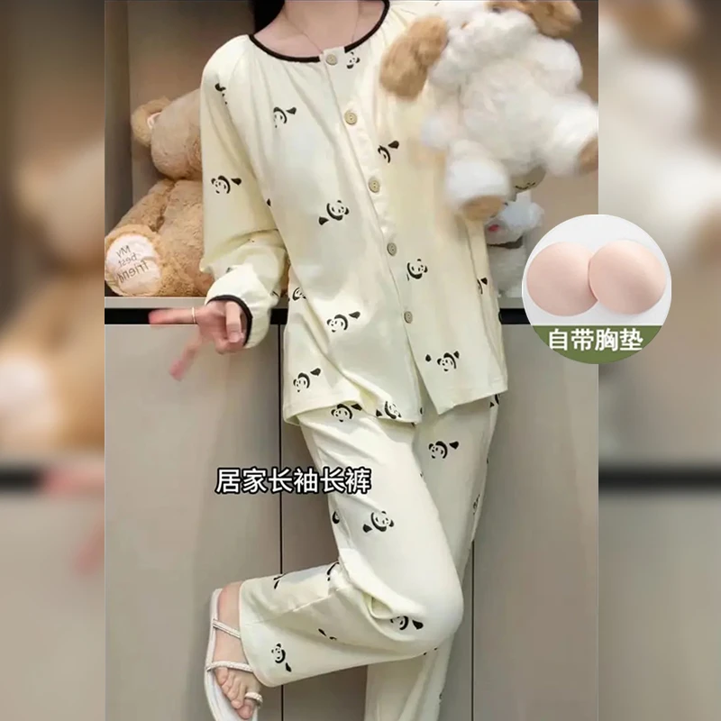 新款睡衣女自带胸垫宽松睡衣家居服碎花秋季小众休闲居家印花甜美