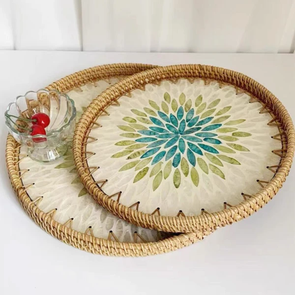 MT916藤编欧美轻奢风湖光山色渐变贝壳盘两件套