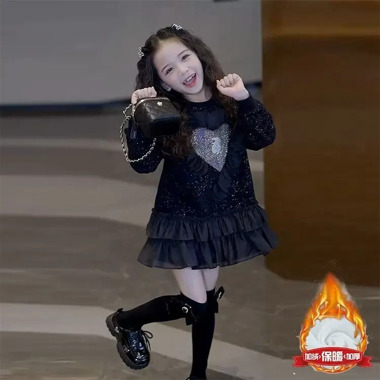 2025新款女童冬装加绒加厚连衣裙洋气可爱小女孩公主裙新年过年服