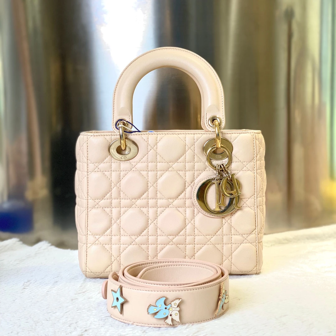 99新 DIOR/迪奥 古有98新迪奥戴妃四格小号香槟粉斜挎包8508