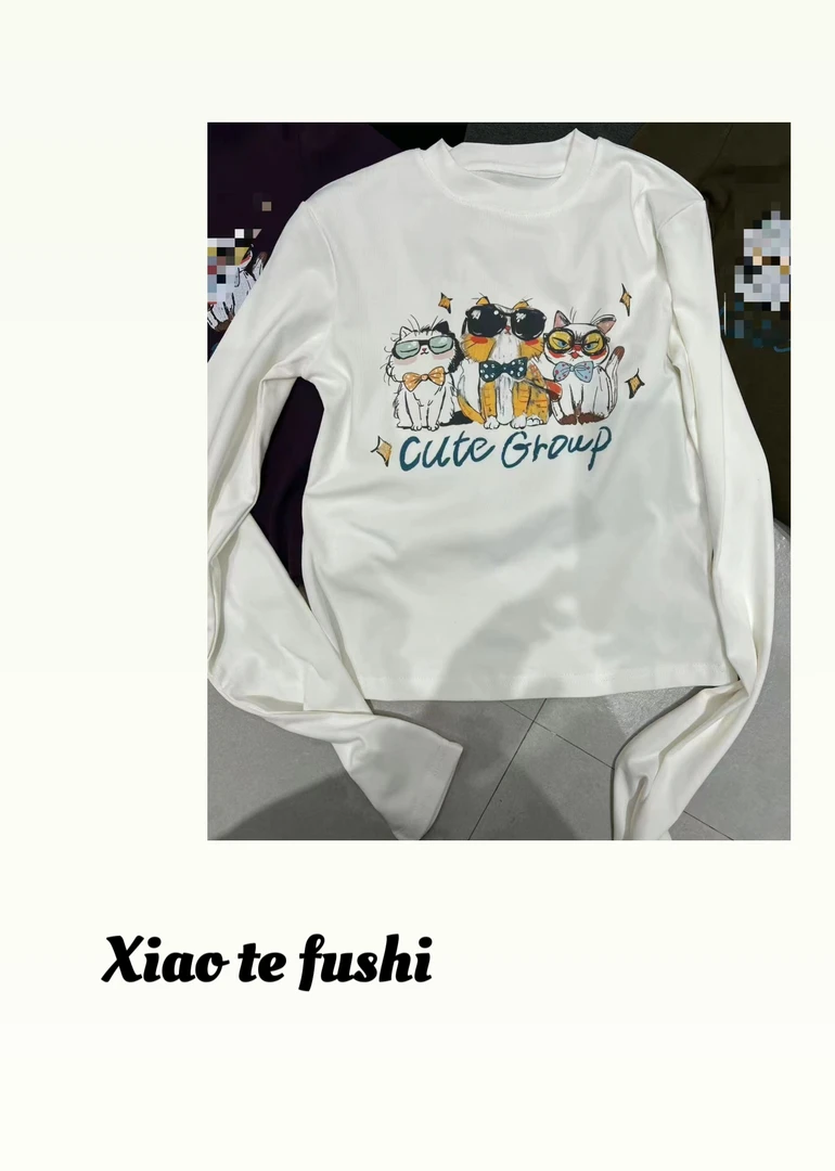 小特 早秋新款卡通图案T恤女士三只猫咪打底套头白色圆领长袖休闲