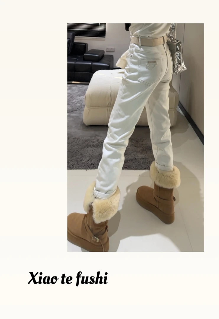 小特 新款石灰白色九分烟管裤磨毛加绒设计师款送腰带显瘦牛仔裤