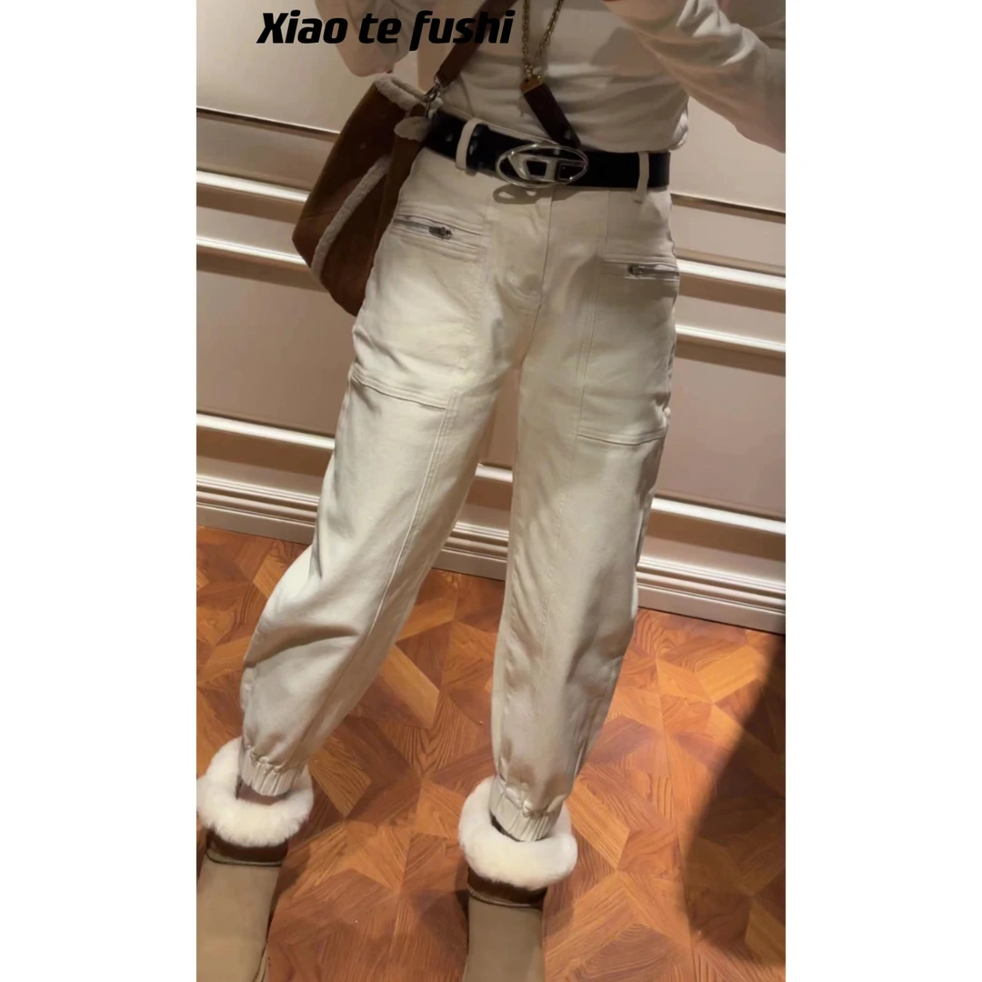 小特 新款磨毛牛仔显瘦百搭时尚牛仔裤乳白色送腰带九分紧腿裤