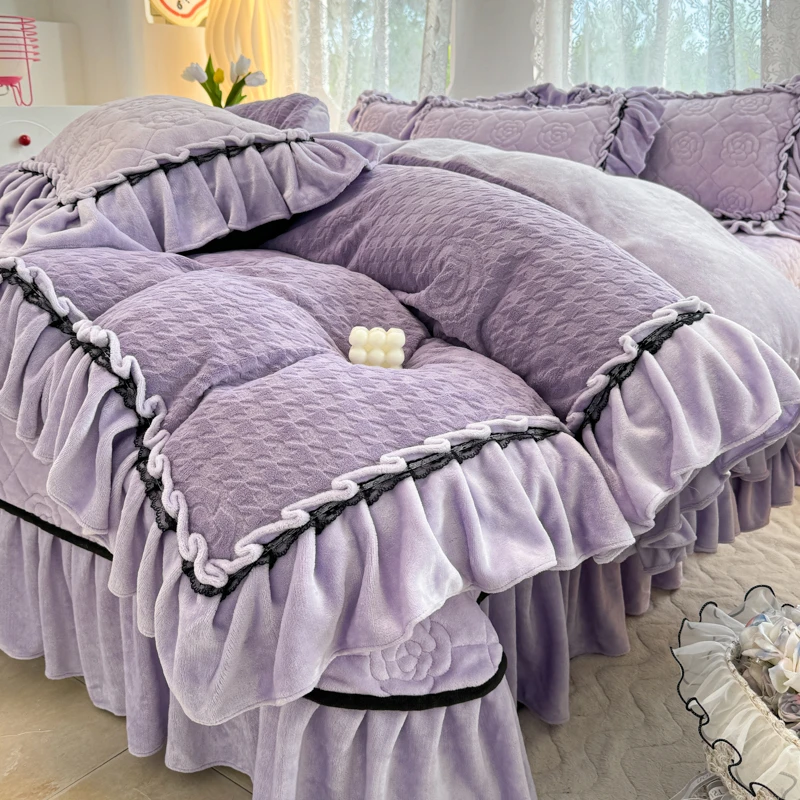 冬季加绒加厚牛奶绒床盖四件套水晶绒床裙花边款被罩双面绒三件套