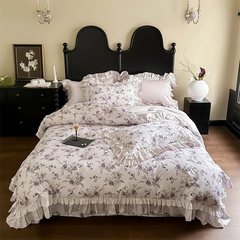 新款100支双股澳棉高精密刺绣荷叶边全棉四件套公主风小碎花床品