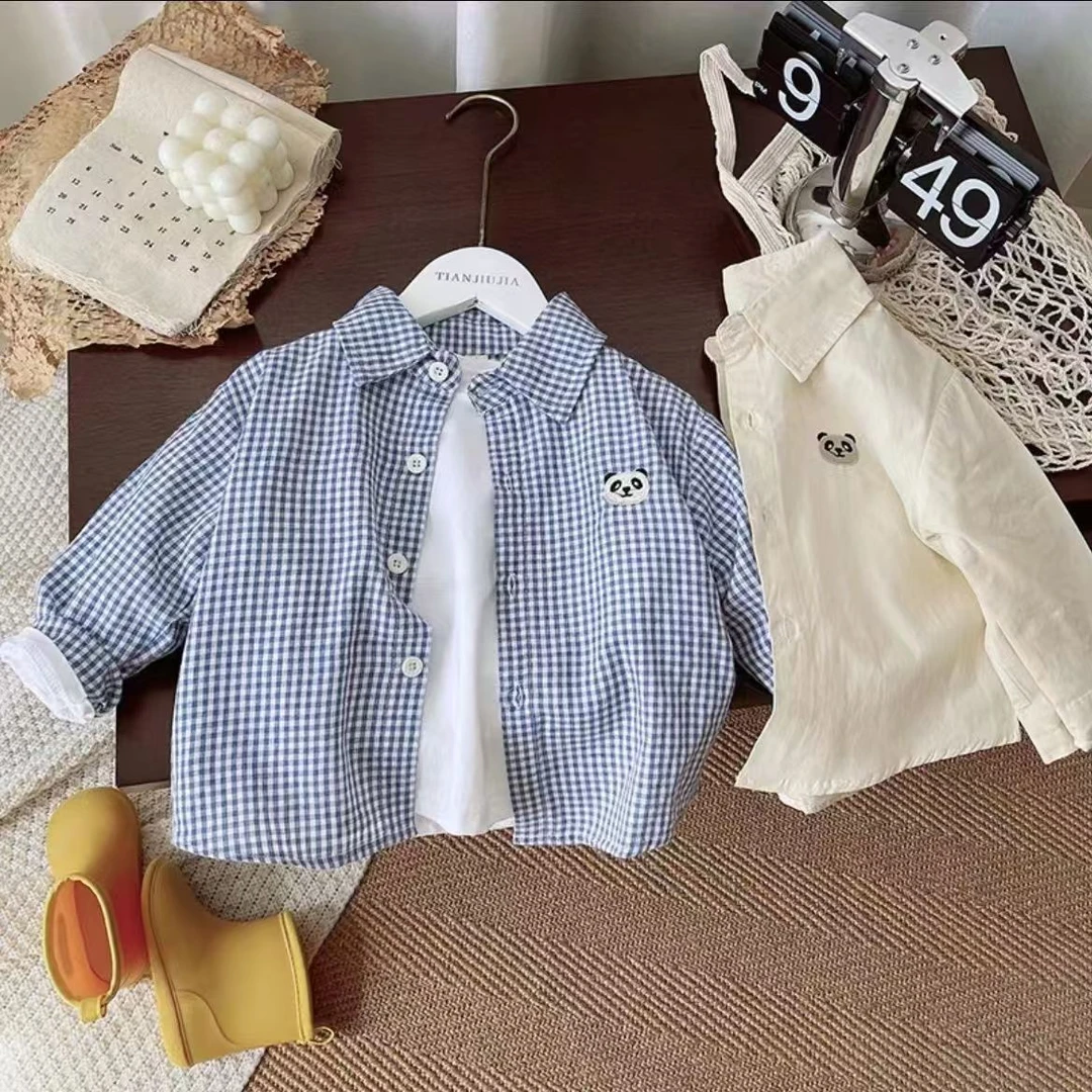 宝宝洋气长袖衬衫男童纯棉翻领格子衬衣2024新款春秋装上衣儿童装