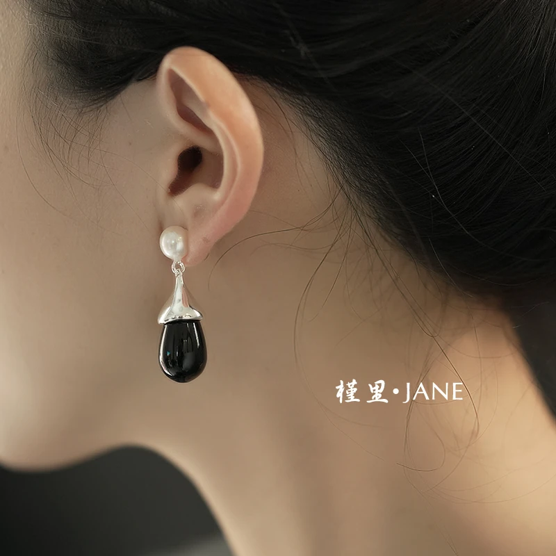铜合金耳饰 法式复古天然珠时尚耳环女 小众高级气质水滴黑色耳坠