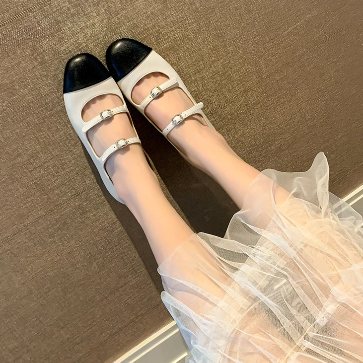 黑白拼色法式玛丽珍鞋软皮复古芭蕾鞋外穿中跟真皮小香风平底单鞋