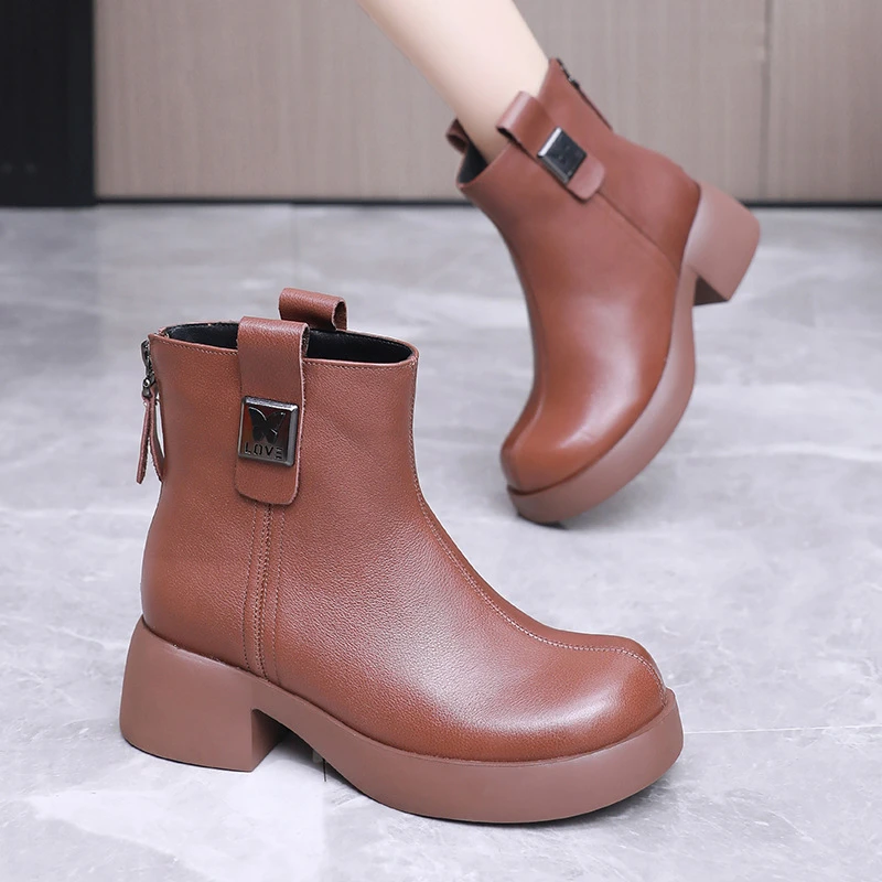 24秋冬新款英伦风马丁靴女复古真皮软底拉链靴牛皮切尔西厚底短靴