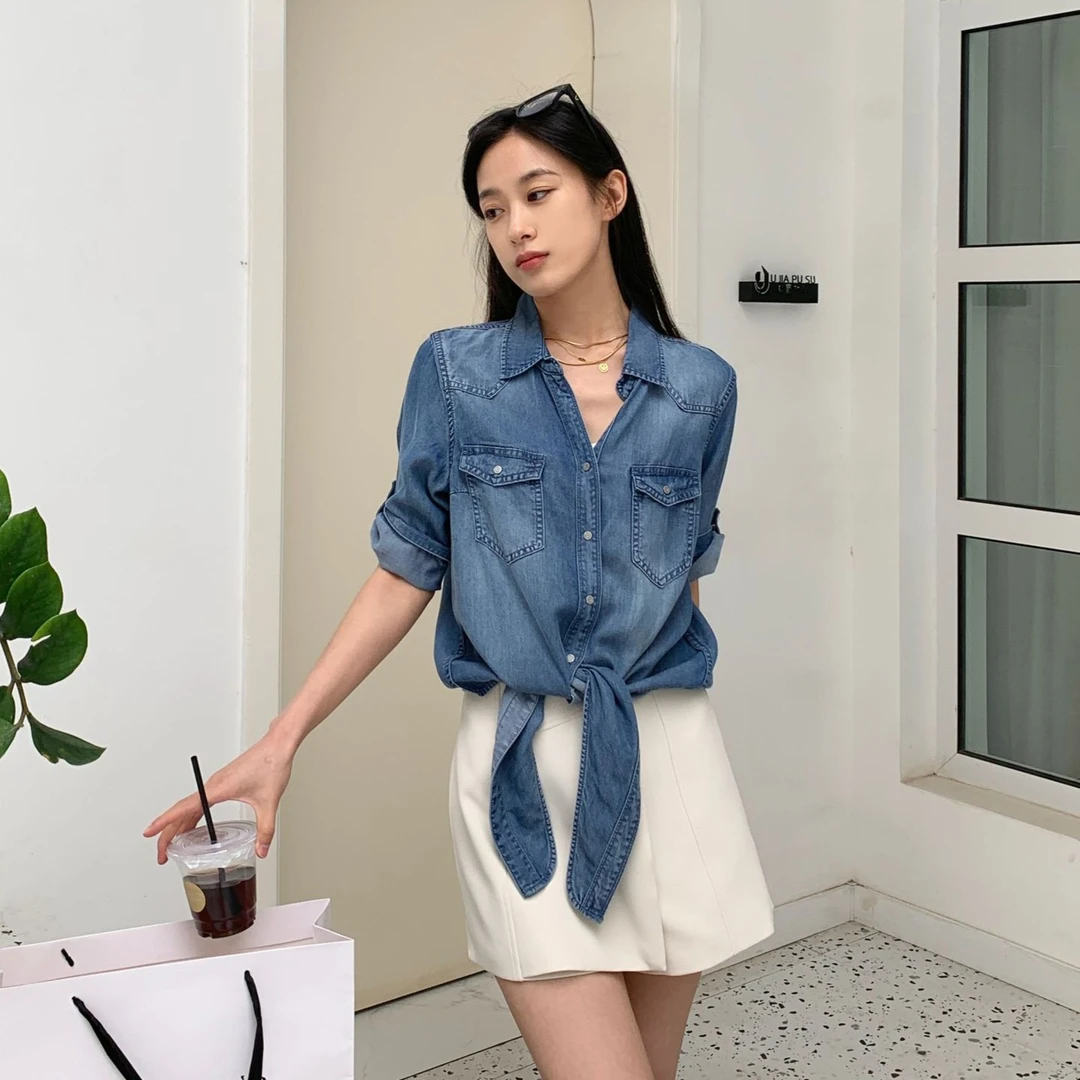 2023夏季时尚下摆打结中袖天丝牛仔衬衫衬衣短款气质小披肩外套女