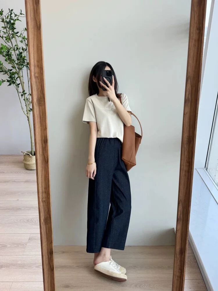 巨好穿！绣花字母弹力显瘦松紧腰萝卜裤深蓝9分针织软牛仔裤女早秋