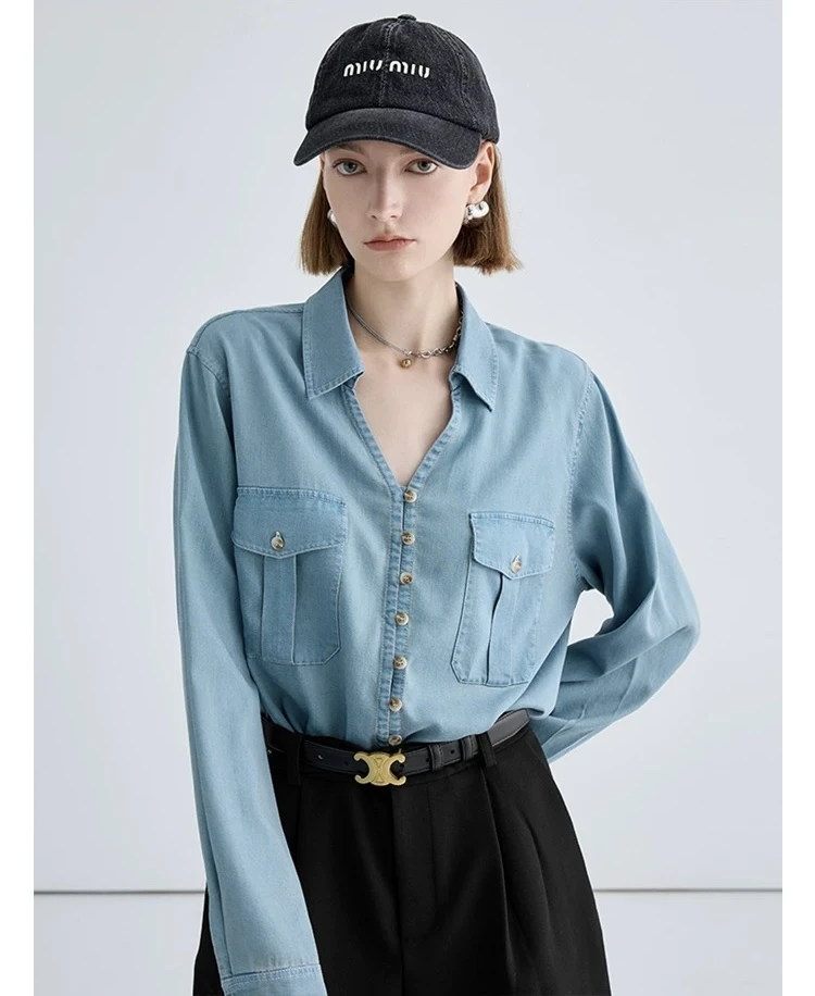 秋季时髦复古港风柔软天丝莱赛尔V翻领单排扣长袖牛仔衬衫女上衣