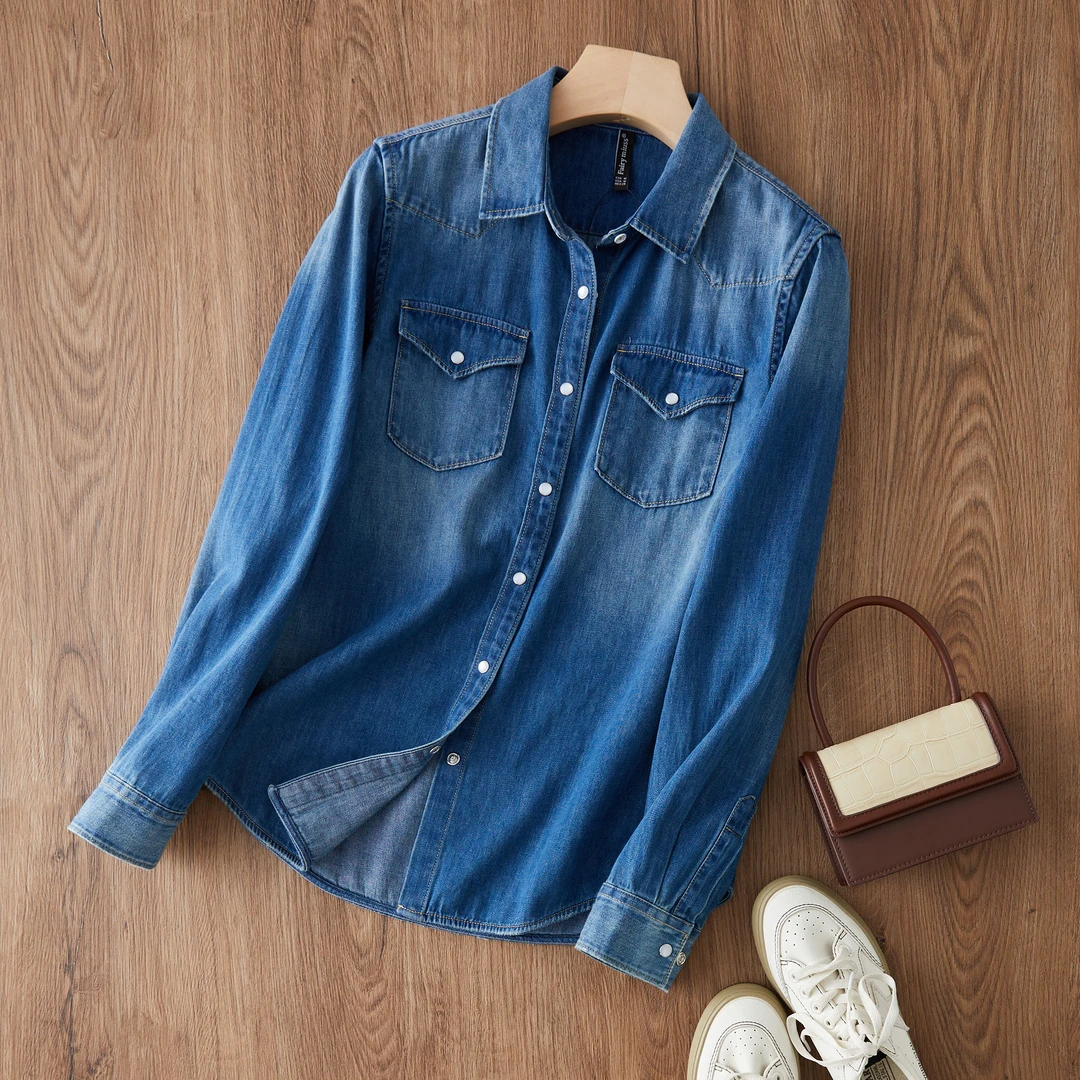 时尚高级美式复古休闲宽松显瘦长袖纯棉牛仔衬衫叠穿百搭衬衣女秋