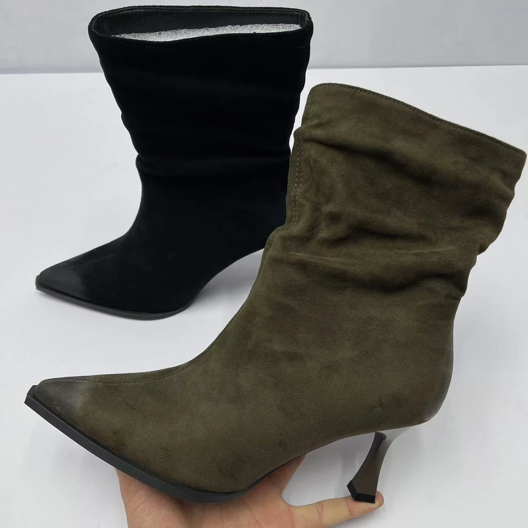 尖头细跟羊京绒短筒靴气质高跟靴/700-11