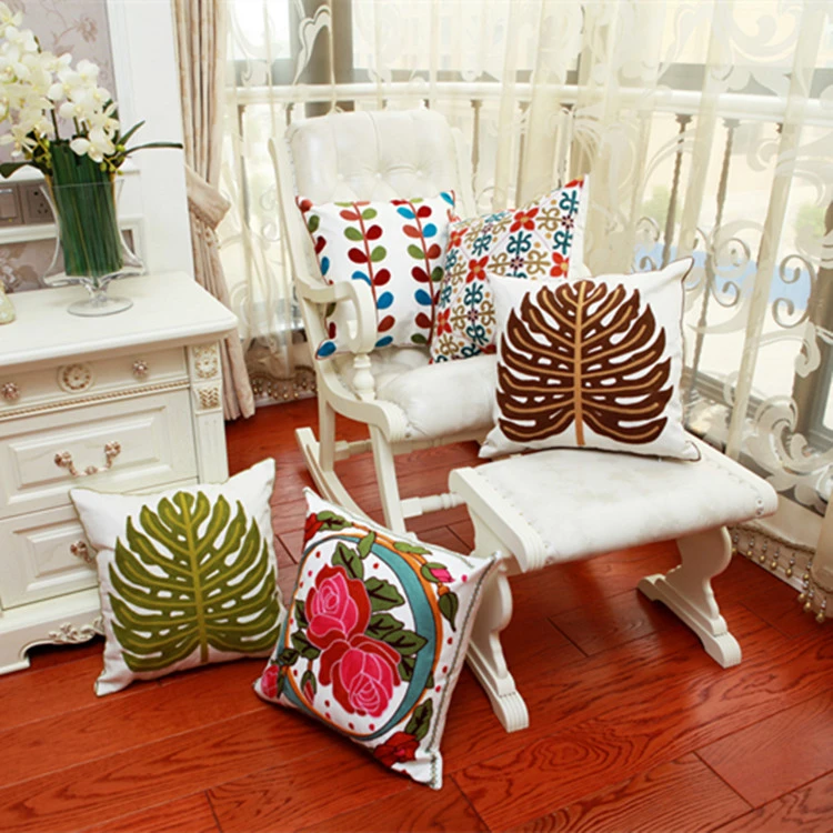 简欧风格棉麻简约刺绣花抱枕全棉沙发靠垫椅子靠背垫卧室床头靠枕