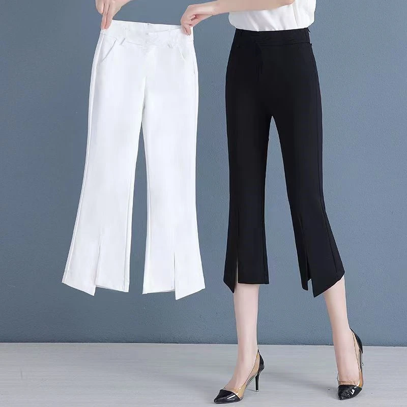 七分裤女夏季薄款八分裤微喇裤女中裤子冰丝开叉喇叭裤西装裤