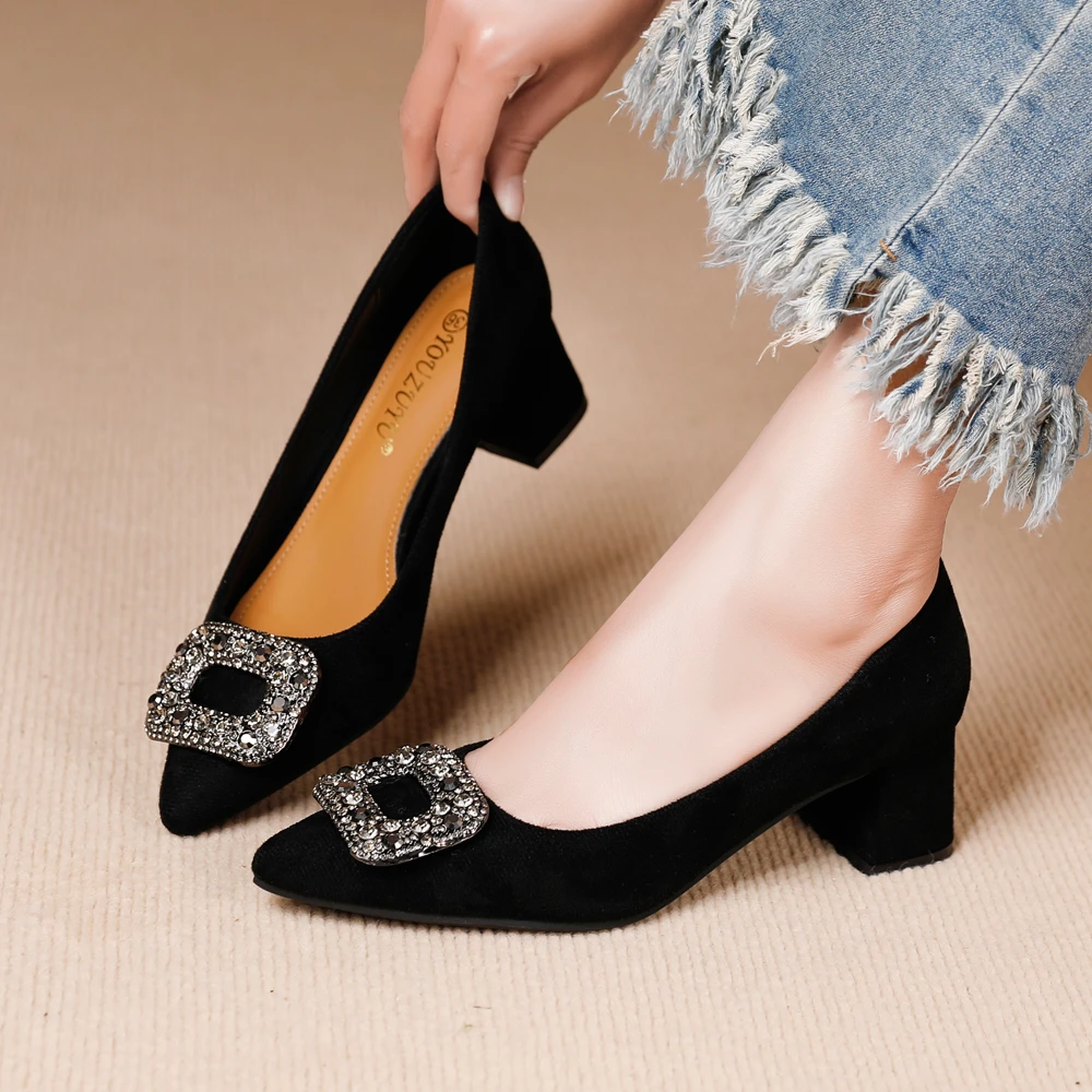 法式名媛风方根高跟鞋2024秋季新款复古气质绒面久穿不累羊皮女鞋