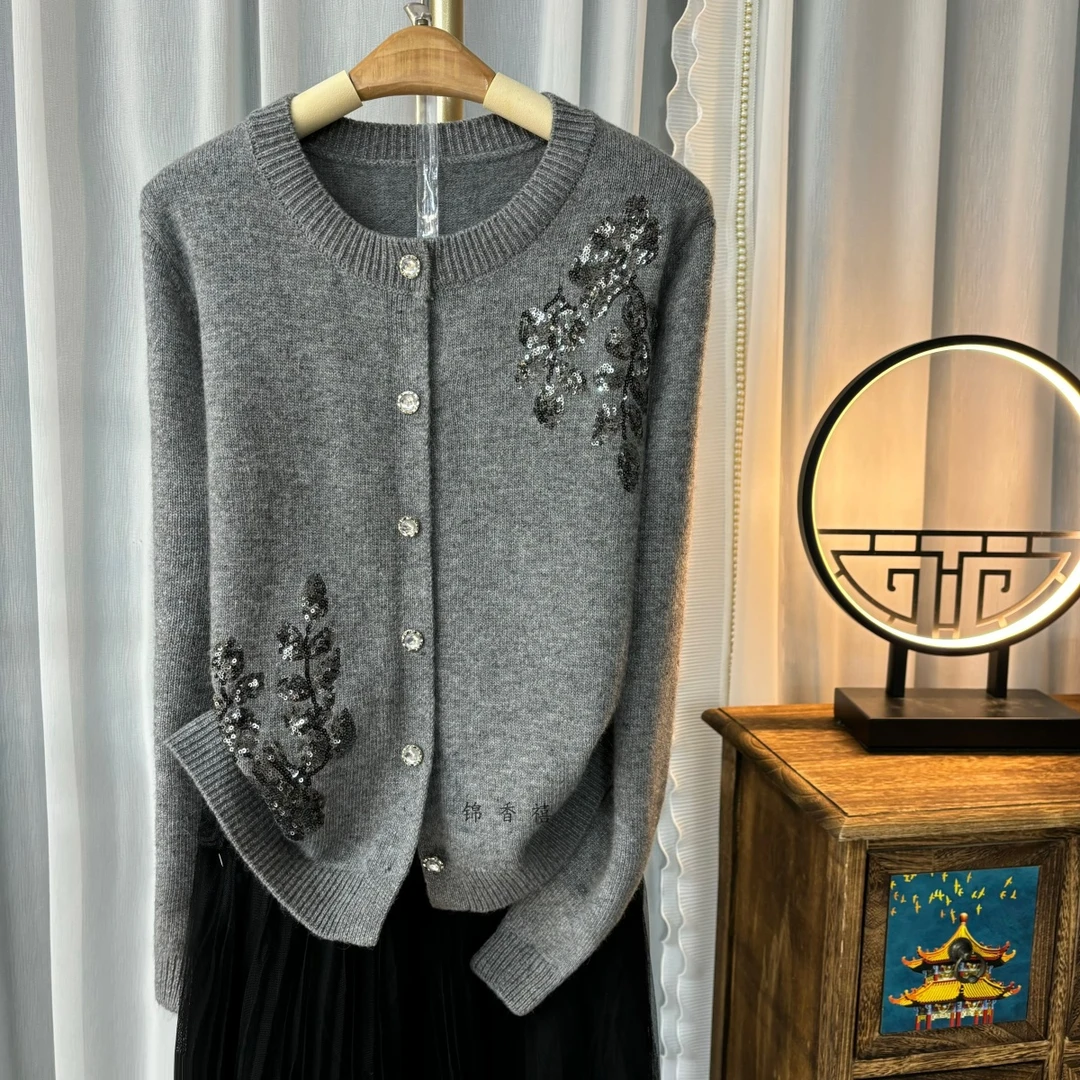 【D27灰色重工繁华】欧货重工亮片刺绣气质显瘦针织衫开衫毛衣外套