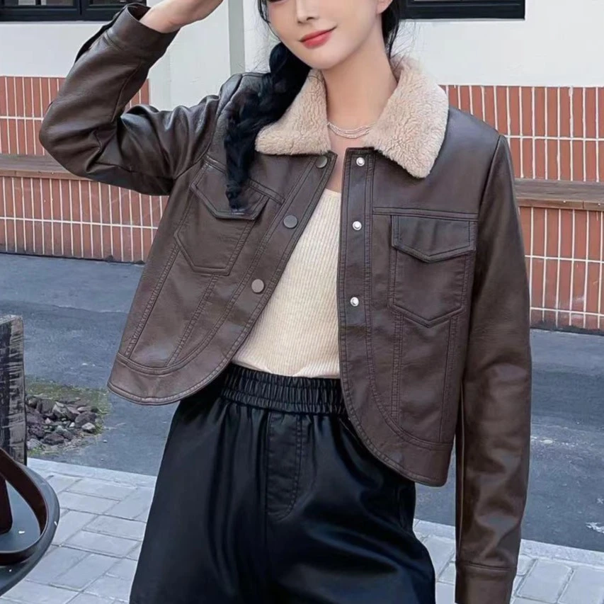 2023秋冬新款韩版皮衣百搭加绒加厚皮夹克网红皮外套女士上衣潮