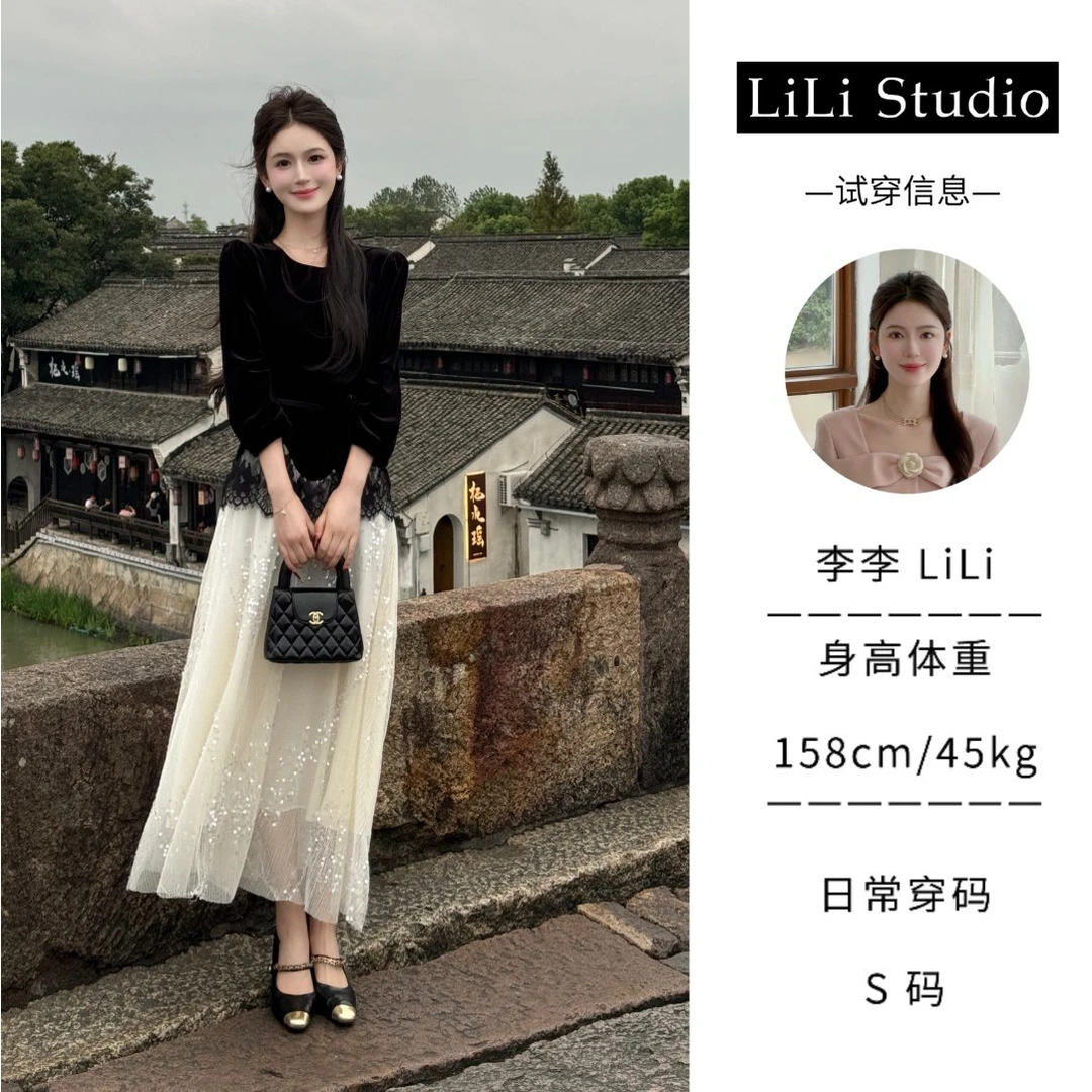 【微光萤火】LiLi复古蕾丝丝绒撞色拼接连衣裙XMZH4789