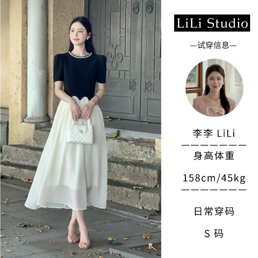 【流萤星河】LiLi法式千金风设计款拼接撞色显瘦连衣裙 XMZH3887