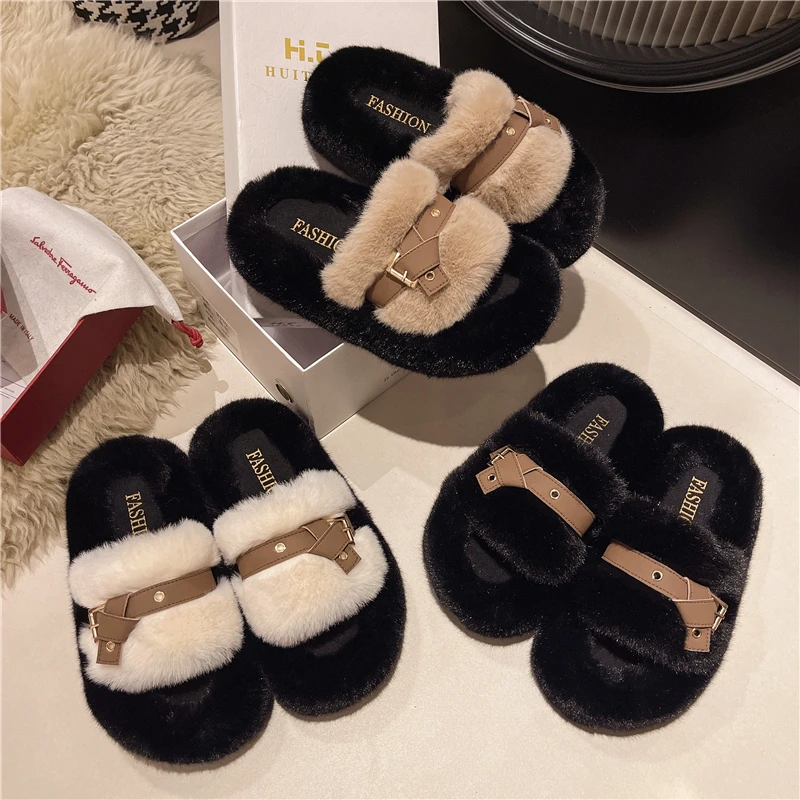 2024新款时尚百搭扭结带设计简约高级厚底防滑外穿女毛毛拖鞋