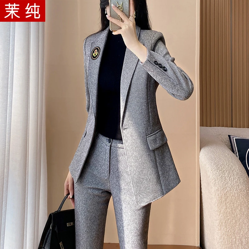 西装外套女2023新款冬季加厚灰色休闲西服正装气质职业工作服套装